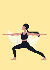 Fototapeta na wymiar Woman doing Warrior two pose. Concept illustration. Background with leaves. Yoga, meditation, healthy lifestyle, relax.
