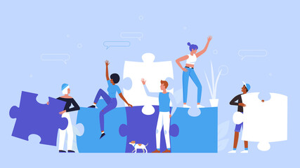 People building creative puzzle concept vector illustration. Cartoon man woman group of characters wearing casual clothes, holding puzzle jigsaw pieces to create success idea startup background