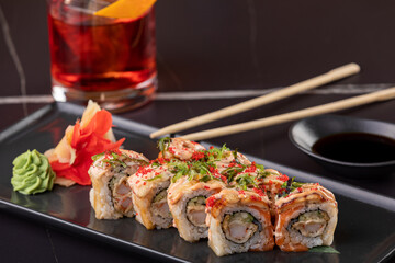 Eel Sushi rolls on black background. restaurant serving