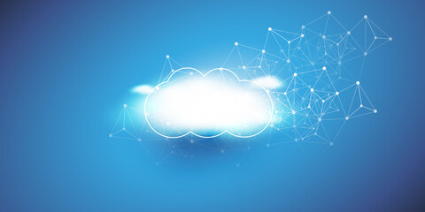 Cloud Computing Design Concept - Digital Connections, Data Center - Background or Design Template with Bright Clouds and Geometric Network Mesh