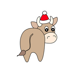 Bull in a winter hat. Vector animal illustrationfor kids. Template adorable character for your design. Colorful cartoon cute cow. New Year and Christmas symbol 2021. Isolated icon.