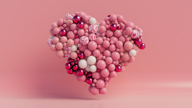 Multicolored Balloon Love Heart. Pink, White and Metallic Balloons arranged in a heart shape. 3D Render 
