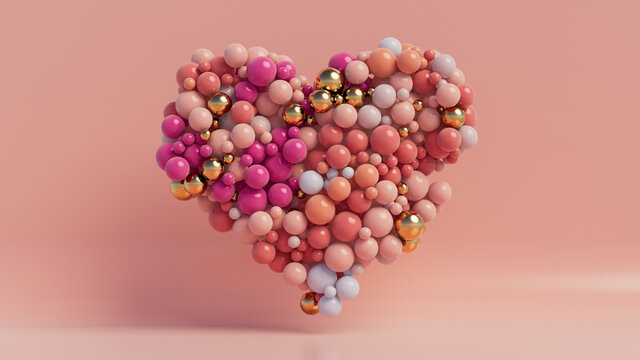 Multicolored Balloon Love Heart. Pink, Orange and Gold Balloons arranged in a heart shape. 3D Render 