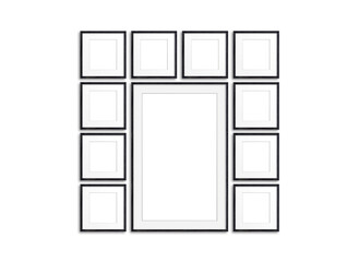 Photo frames set isolated on white background, eleven black realistic wooden frameworks, 3d illustration
