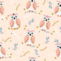 Cute seamless owls and flowers pattern.