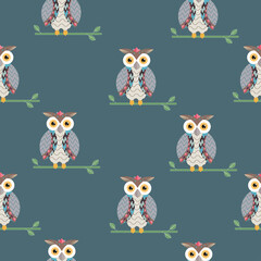Kids seamless pattern with grey owls on the branches. Creative vector childish background for fabric, textile or wrapping paper.