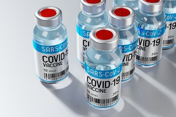 Covid-19 / SARS-CoV-2 / coronavirus vaccine ampoules to fight the pandemic - 3D illustration