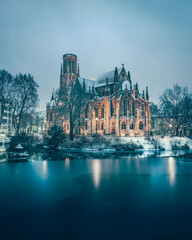 Winter view of Johanneskirche, Feuersee in Stuttgart West, Germany