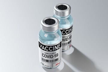 Two covid-19 / SARS-CoV-2 / coronavirus vaccine ampoules isolated on grey background - 3D illustration