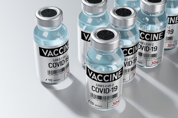 Covid-19 / SARS-CoV-2 / coronavirus vaccine ampoules to fight the pandemic - 3D illustration