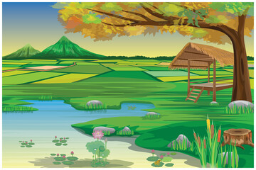 straw hut  with paddy field at countryside vector design