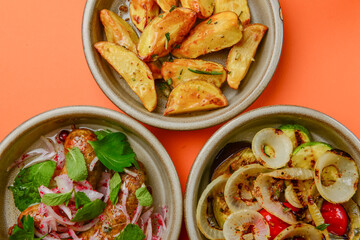 Assortment of georgian food, flat lay. Top view on traditional georgian cuisine close up.