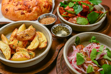 Assortment of georgian food, flat lay. Top view on traditional georgian cuisine close up.