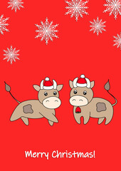 Merry Christmas, holiday, celebration greeting and invitation card, banner, frame, header, postcard. Colorful cute vector with animal and snowflakes on red background. Bull in a winter hat.