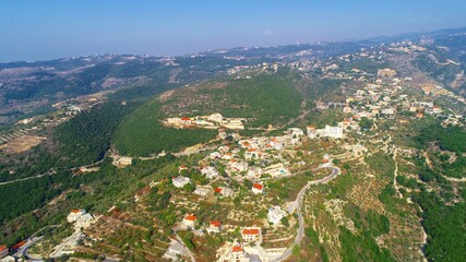 Aerial shot of the Lebanese village. High angle shot of the town. Rural scene with beautiful...