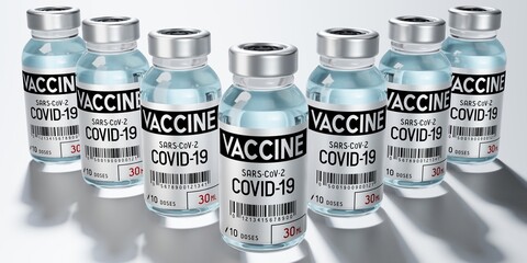 Covid-19 / SARS-CoV-2 / coronavirus vaccine ampoules to fight the pandemic - 3D illustration