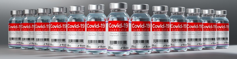 Covid-19 / SARS-CoV-2 / coronavirus vaccine ampoules to fight the pandemic - 3D illustration