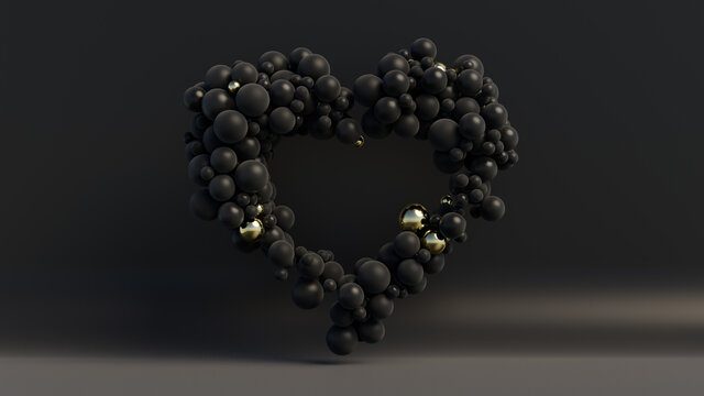 Multicolored Balloon Love Heart. Black and Gold Balloons arranged in a heart shape. 3D Render 