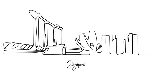 Singapore, Marina bay skyline  - Continuous one line drawing - obrazy, fototapety, plakaty