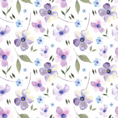 Watercolor violet flowers seamless pattern. Watercolor fabric. Repeat flowers. Use for design invitations, birthdays