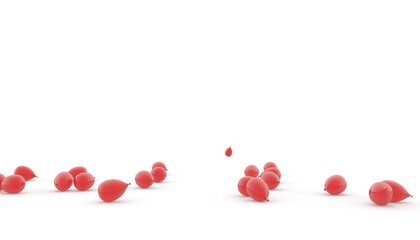 Red balloons are scattered on the floor. 3D render