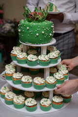 The wedding cake. Beautiful cake with green decor. Cutting the cake. Close-up. Sweet dessert with figs