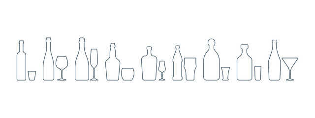 Collection bottle and glassware alcoholic drinks. Simple black line shapes isolated. Illustration on white backdrop. Flat design style. Beer champagne red wine whiskey liquor vodka martini rum tequila