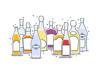 Collection alcoholic drinks. Group of bottles of alcohol standing nearby. Illustration isolated. Outline flat design style. Beer champagne red wine whiskey liquor vodka martini rum tequila