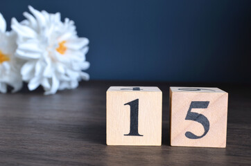 Number 15, rating, award, Empty cover design in natural concept with a number cube and peony flower...