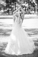 Happy bride in a wedding dress, against the backdrop of beautiful nature. Wedding day