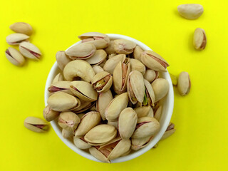 Roasted salted pistachio nuts in nutshell