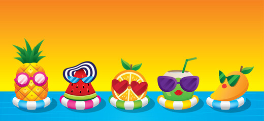 Obraz na płótnie Canvas Cute summer fruit character with swim ring vector.