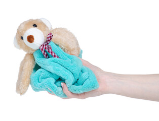 Towel toy bear in hand on white background isolation