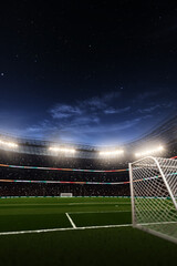 Empty goals at soccer stadium at night 3d render