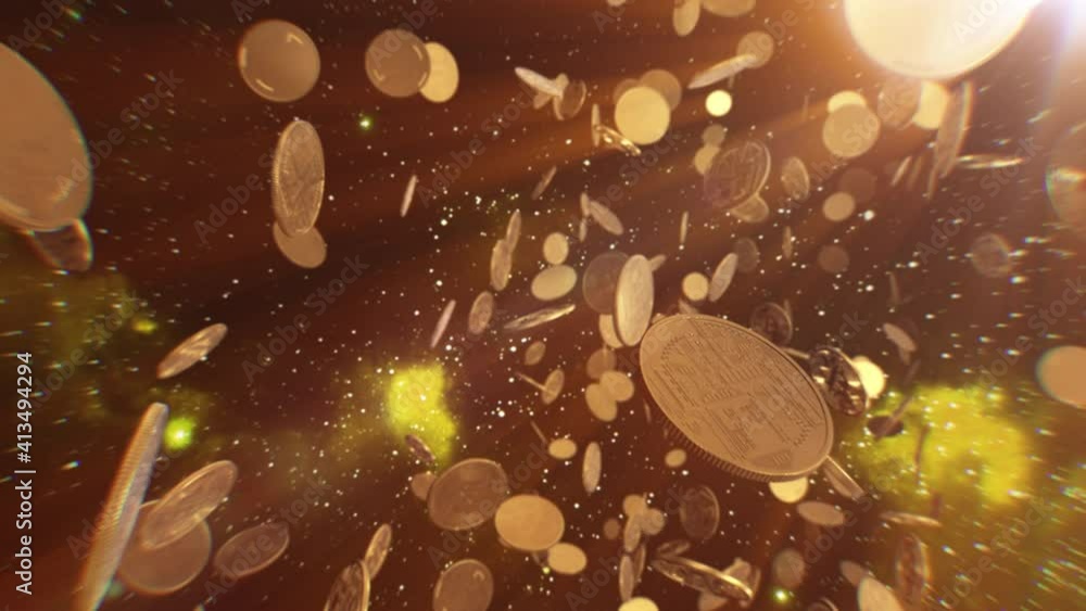 Poster bitcoins floating in galaxy universe idea concept with flare lighting. motion stock bitcoins idea. s
