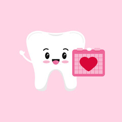 Valentines day tooth with calendar dental icon isolated on background. Dentist cute white tooth character in love with calendar and heart. Flat design cartoon vector dentistry clip art illustration.