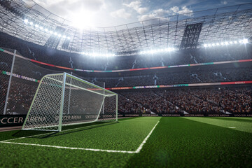 Empty soccer goals at stadium with fans in the evening light