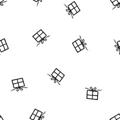Holiday seamless pattern with present on white background. Vector illustration for Birthday, Merry Christmas, New year. Template design for invitation, poster, card, fabric, textile. Doodle style.