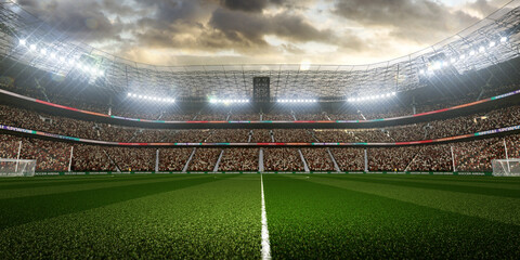 Empty soccer stadium at the evening 3d render