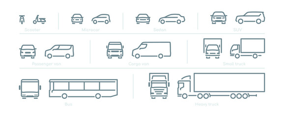Outline car icons, different types of transportation, front and side view