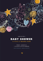 Fototapeta na wymiar Baby shower design template. Linear graphic. Scandinavian minimalist style. Astronaut, planet, spaceship, star. Vector illustration