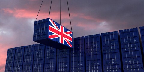 a british flag freight container hangs in front of many stacked freight containers - british Foreign Trade - import and export