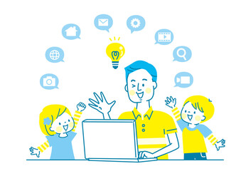 笑顔の親子とパソコン