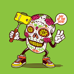 Selfie Day of the Dead Skull Character Design Mascot