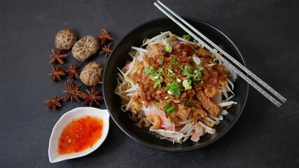 Rice flat noodle with dried shrimp,  ground pork, squid, tofu and beansprout in sweet black soy sauce, Thai called Kuay Teow Lord