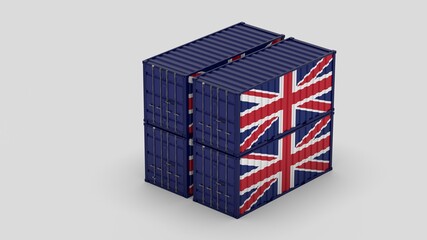 four freight containers with english flag - british foreign trade - import and export -3d-illustration
