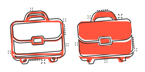 Fototapeta premium Briefcase icon in comic style. Businessman bag cartoon vector illustration on white isolated background. Portfolio splash effect business concept.