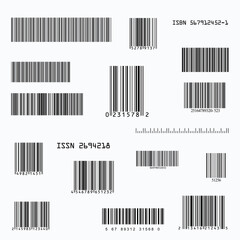 Collection of an example standard  barcodes in black on white background. Product inventory codes for shipping, supermarket product scanning.  Vector illustration of isolated industrial bar codes.