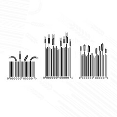 Collection of barcodes with wheat ears for bakery or bread package and label. Product inventory codes for shipping, supermarket product scanning.  Vector illustration of isolated industrial bar codes.