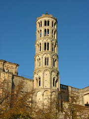 Fototapeta na wymiar Fenestrelle tower of Uzes Cathedral (cathedrale Saint-Theodorit d Uzes) A monument classified as a French National Historic Landmark .